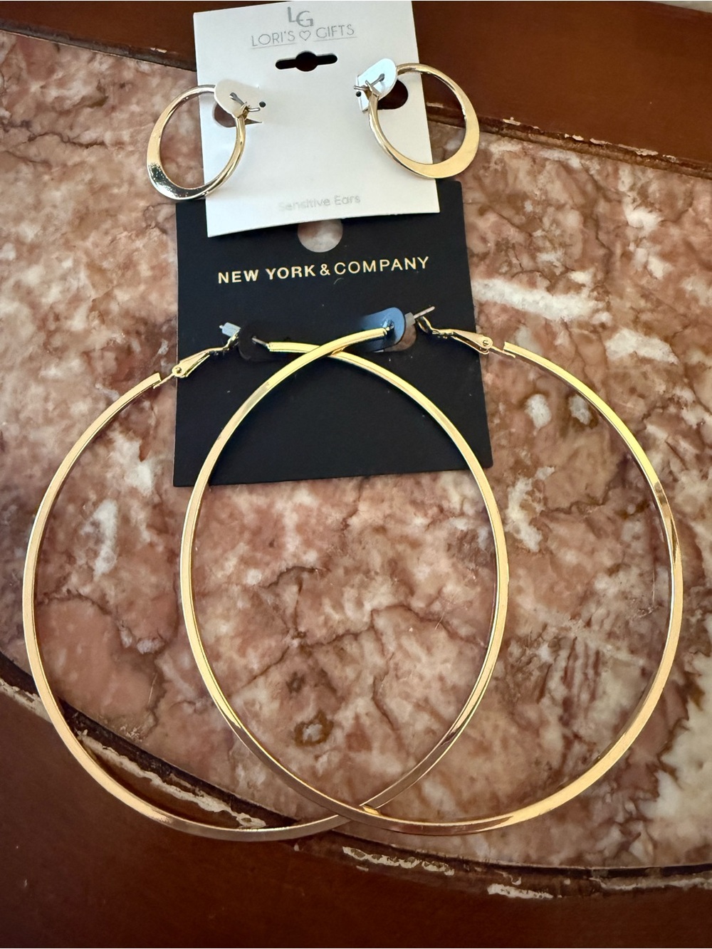 New York & Company Gold Oversized & LG thin  Hoop Earring Set-2 - Picture 5 of 9
